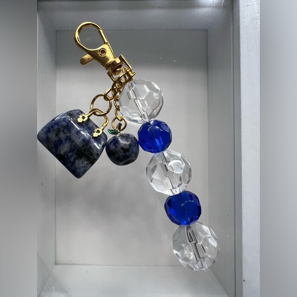 Handcrafted Gemstone & Crystal Keychain – Blue Marbled Stone Bag Charm